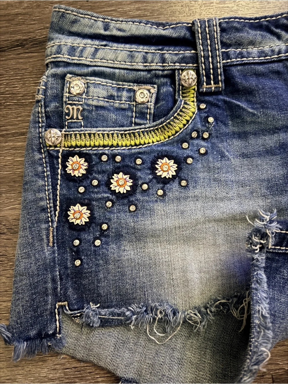 Miss Me Denim Embroidered Shorts with Floral Back Pockets